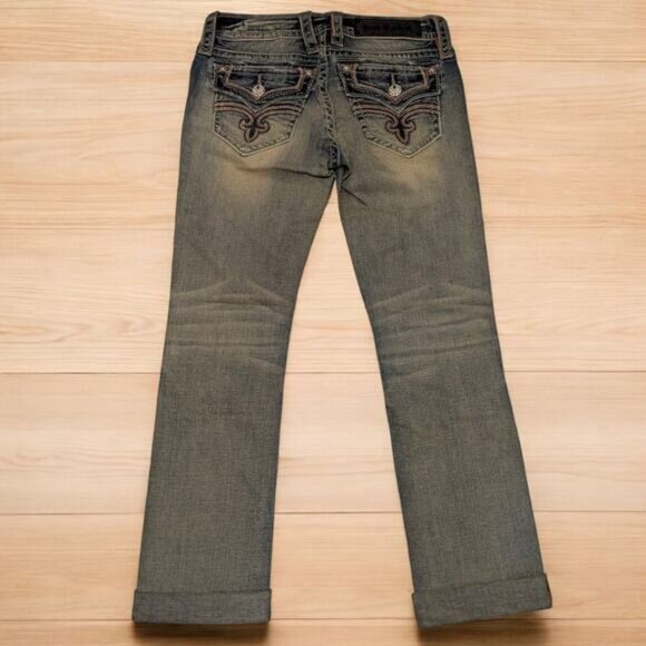 New ROCK REVIVAL Essie Capri Jeans Medium Wash Fleur de Lis Pockets Women 26-28 - Picture 3 of 8